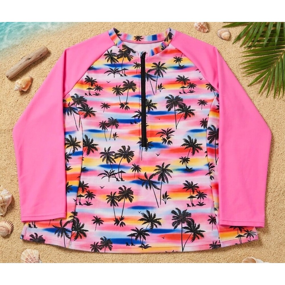 Women’s 2XL Tropical Palm Tree Half Zip Long Sleeve Padded Rashguard Pink Sunset - Picture 2 of 9